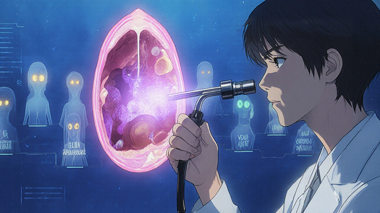 ENT specialist examining nasal passages with endoscope, showing inflamed tissue and glowing polyps inside.