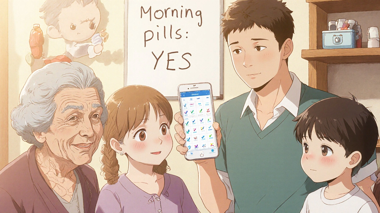 Family members checking a shared medication app on a phone while a locked medicine box is visible on a high shelf.