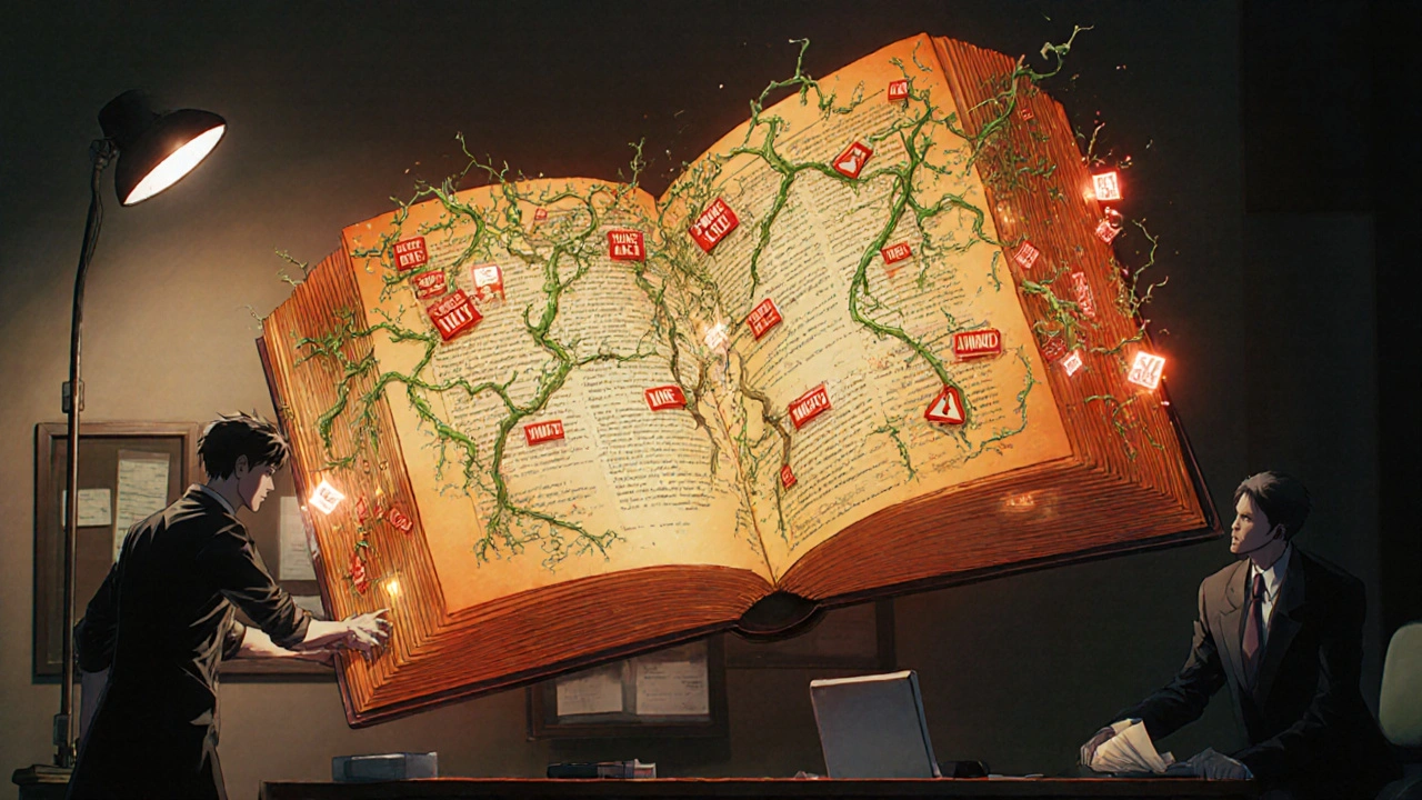 Floating Orange Book with tangled patent vines, a scientist pruning thorny patents as a corporate figure tries to replant them.