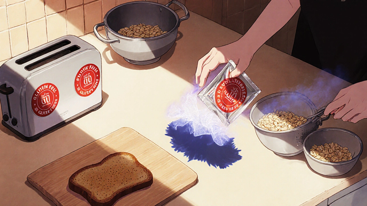 Gluten-free kitchen with separate utensils, a shadowy gluten molecule looming nearby.