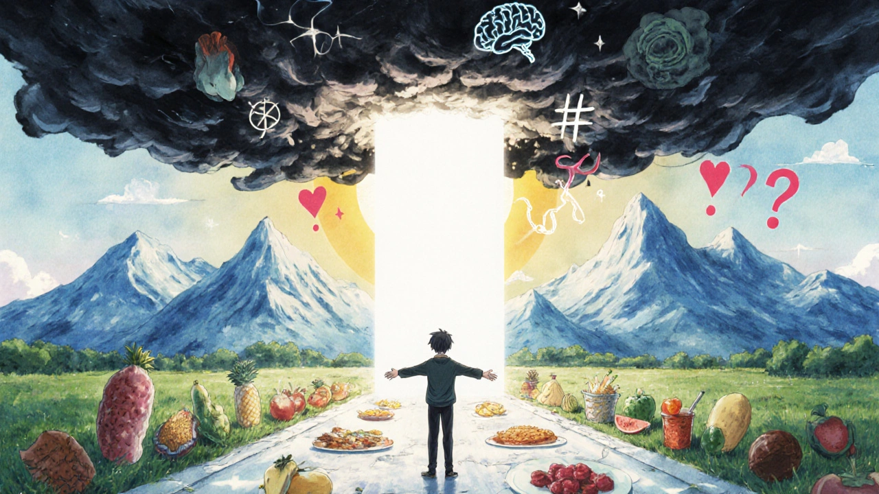 Mindscapes showing cravings dissolving into calm, with healthy food symbols and heart-brain icons under sunlight.