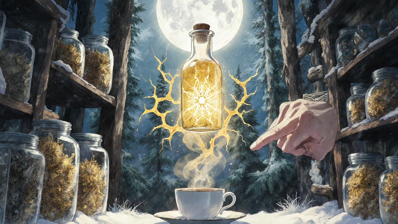 Mystical lab with glowing Sandy Everlasting extract forming immune cells and ATP patterns in steam.