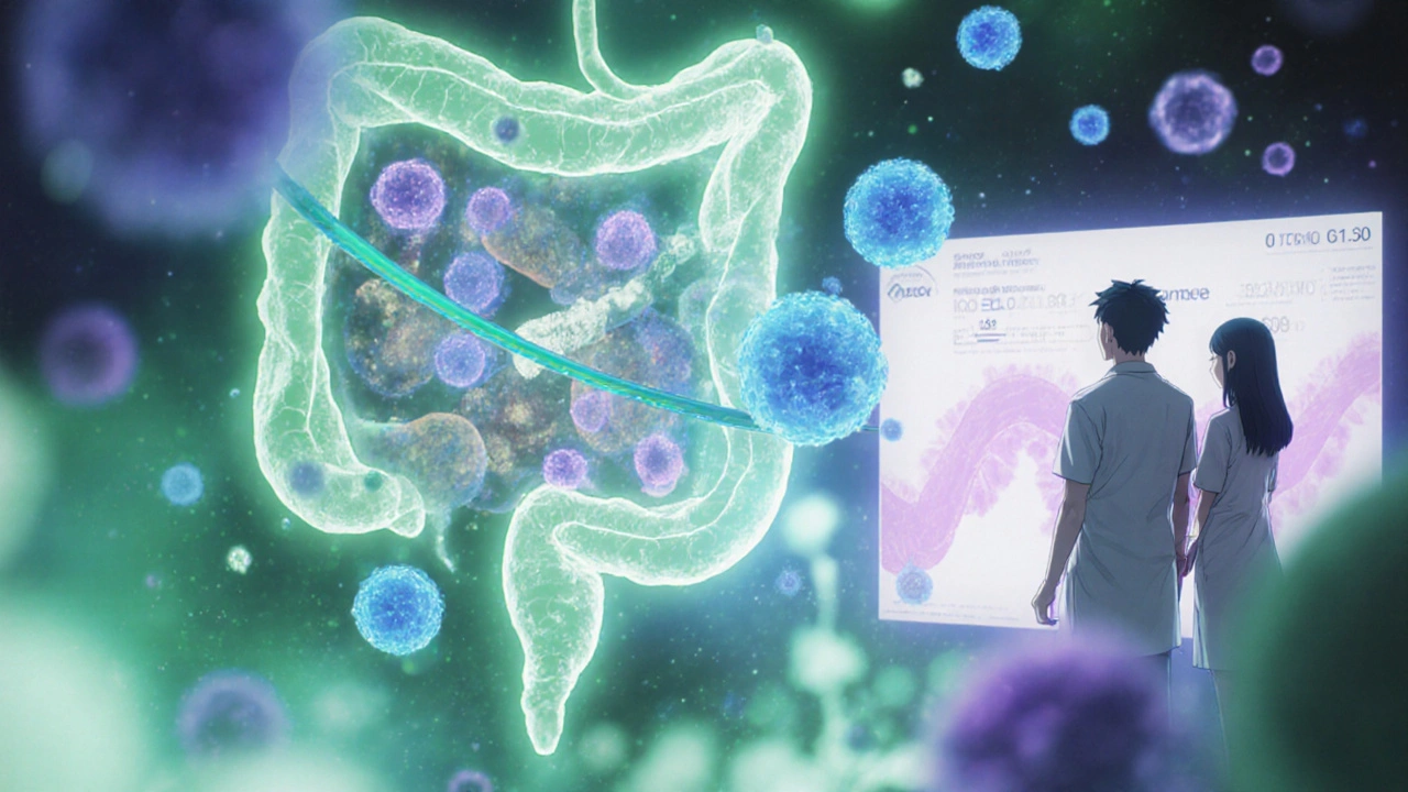 Nanoparticle calming gluten in the gut, with regenerating villi and holographic healing data.