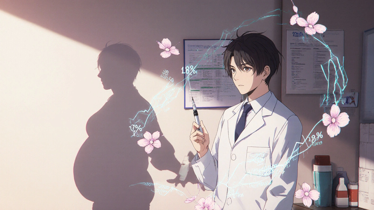 Patient holding GLP-1 injection, shadow showing before-and-after transformation with medical data floating nearby.