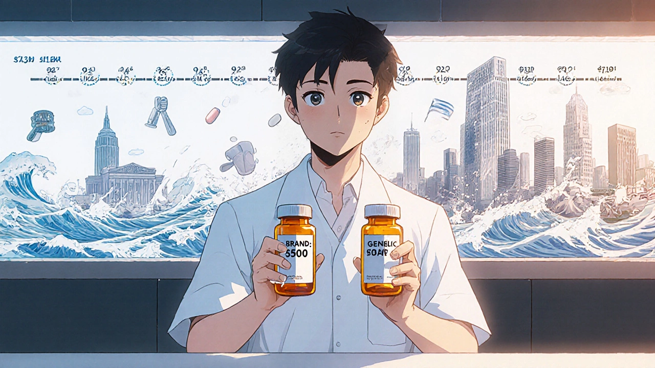 Patient holding two pill bottles with a timeline of legal battles behind them, one bottle priced at 0, the other at .