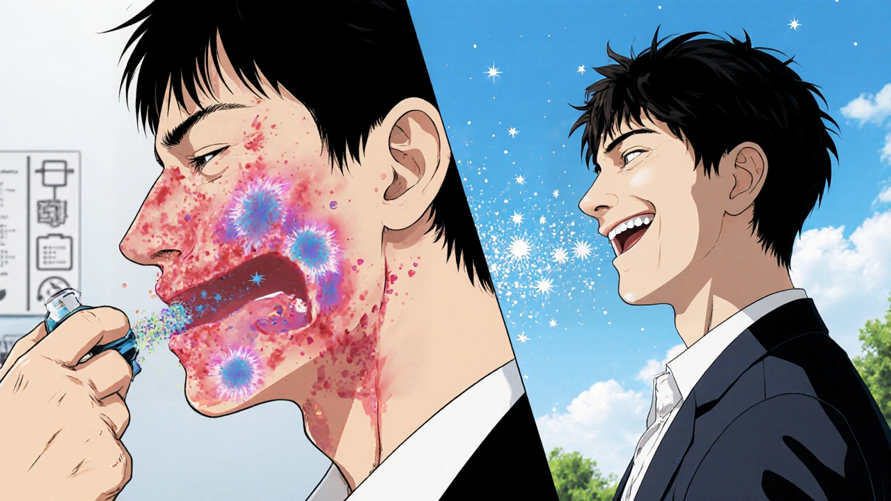 Patient receiving allergy biologic injection, with immune cells calming and pollen dissolving into sparkles.