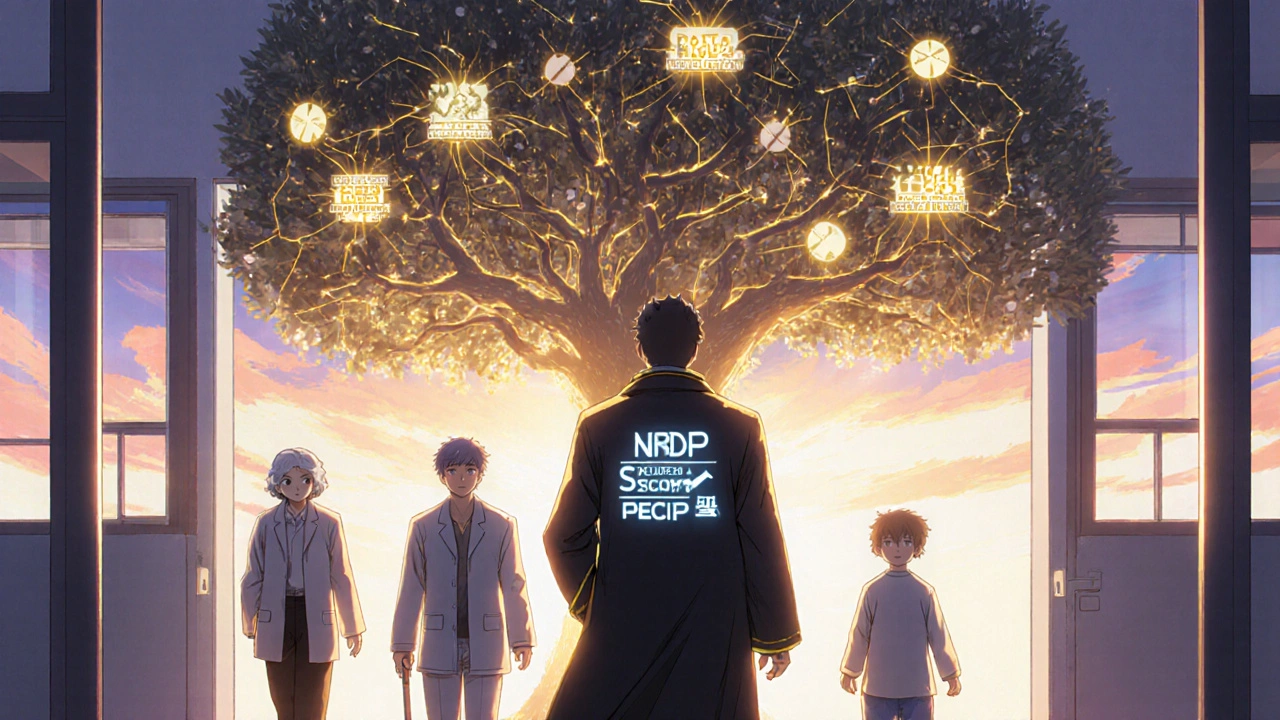 Patients connected by digital threads to a pharmacist under a tree of healthcare benefits.