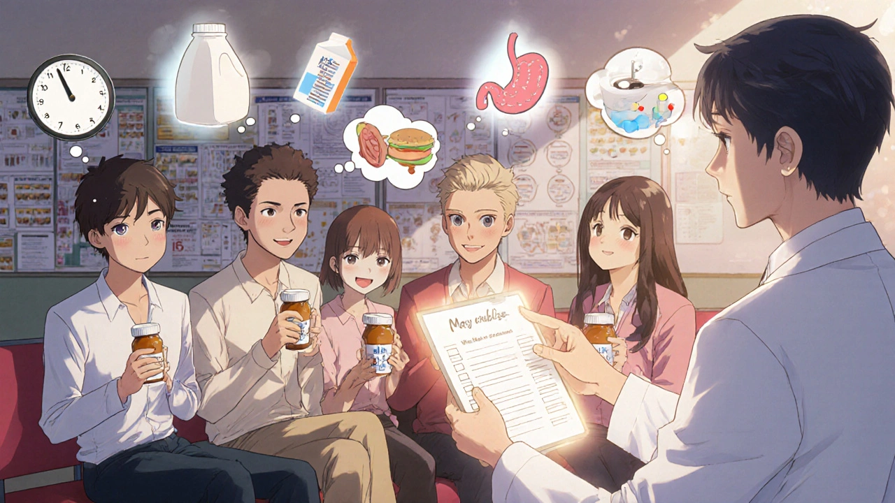 Patients in a pharmacy with floating icons showing food-drug interactions, pharmacist guiding them.