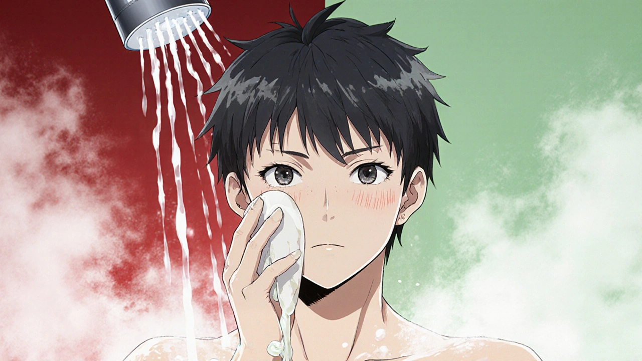 Person applying ceramide cream immediately after a lukewarm shower, skin glistening.