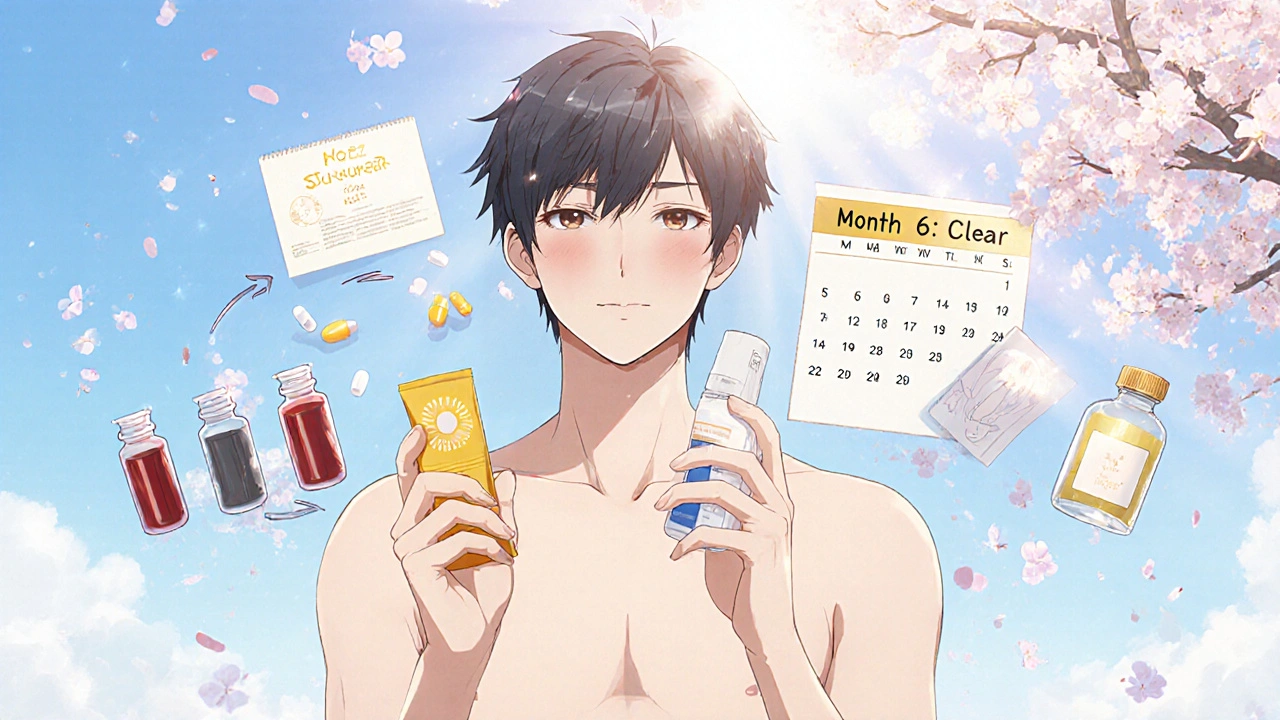 Person with clear skin in sunlight, holding sunscreen, cherry blossoms symbolizing renewal.