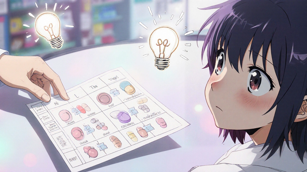 Pharmacist showing printed pill comparison chart to patient with light bulb realization effect