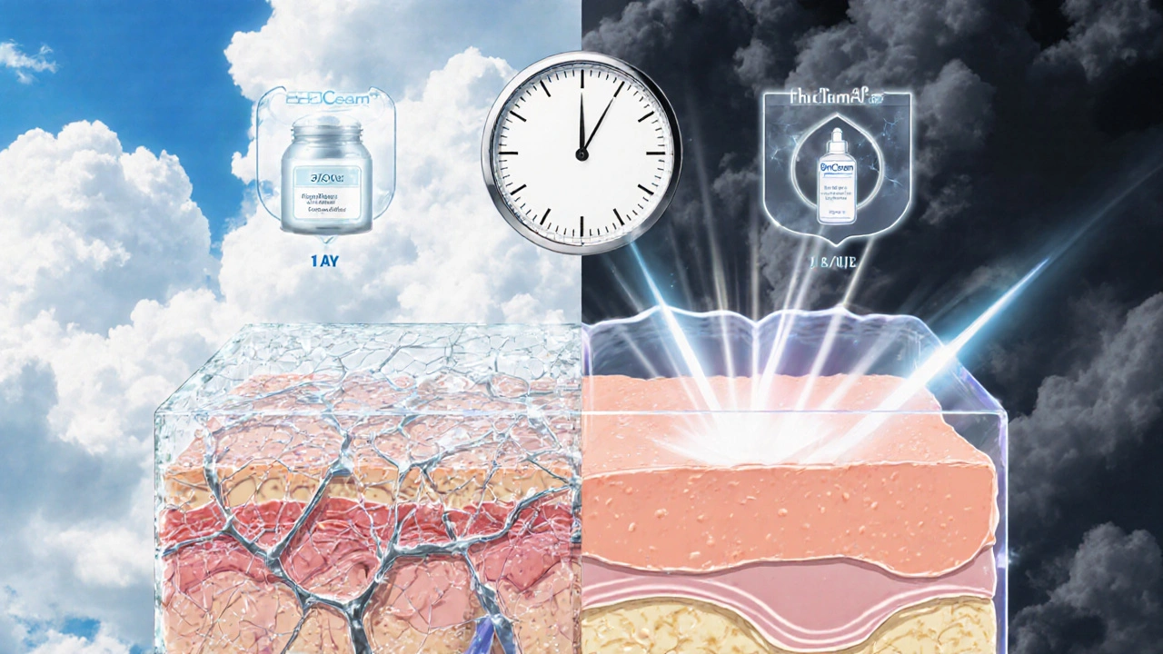 Side-by-side skin layers: damaged vs. perfectly restored lipid barrier with glowing repair.