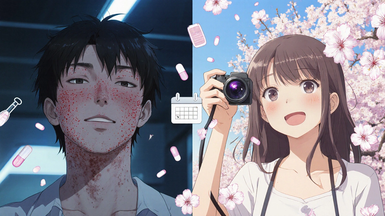 Split image: severe acne on left, clear skin and smiling on right, cherry blossoms between.