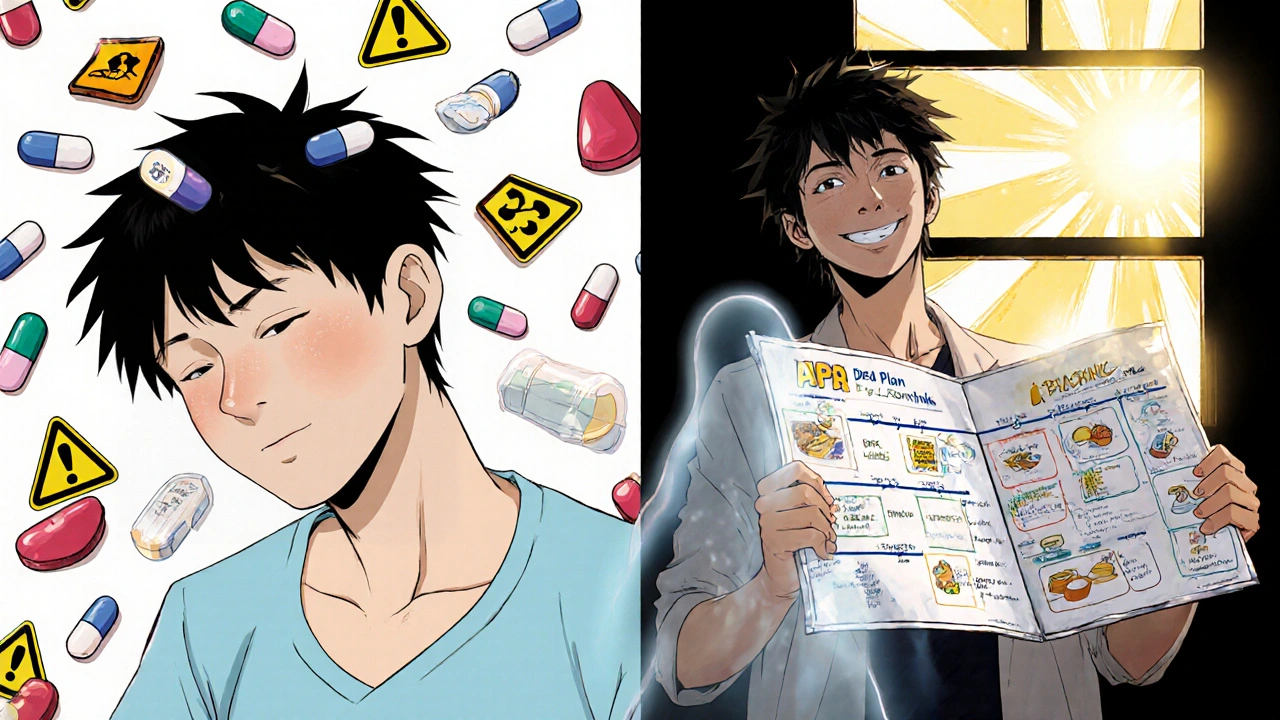 Split image showing chaos of unorganized pills versus a clear daily medication routine linked to life activities.