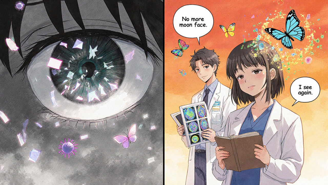 Split scene: blurred vision vs. clear sight, butterflies replacing immune cells, doctors holding diagnostic scans.