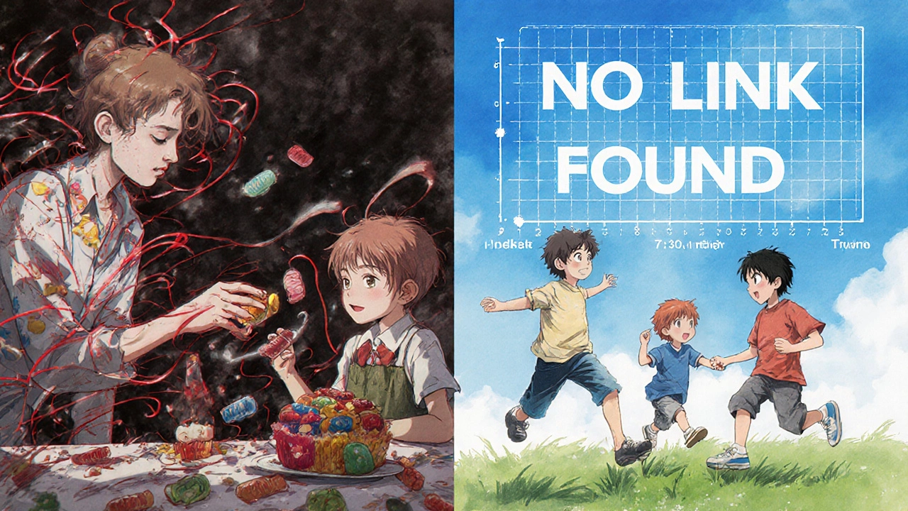 Split scene: chaotic birthday party with candy on left, calm play on right, with a transparent &#039;No Link Found&#039; graph overlay.