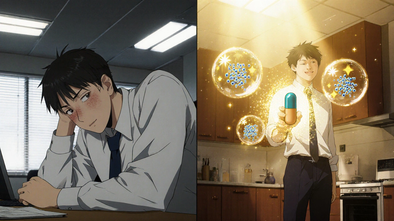 Split scene of tired worker transformed by Sandy Everlasting capsule with glowing mitochondria.