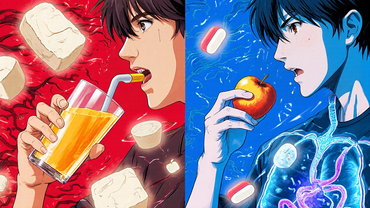 Split scene: person taking pill with juice and dairy vs. plain water and apple, with absorption symbols.