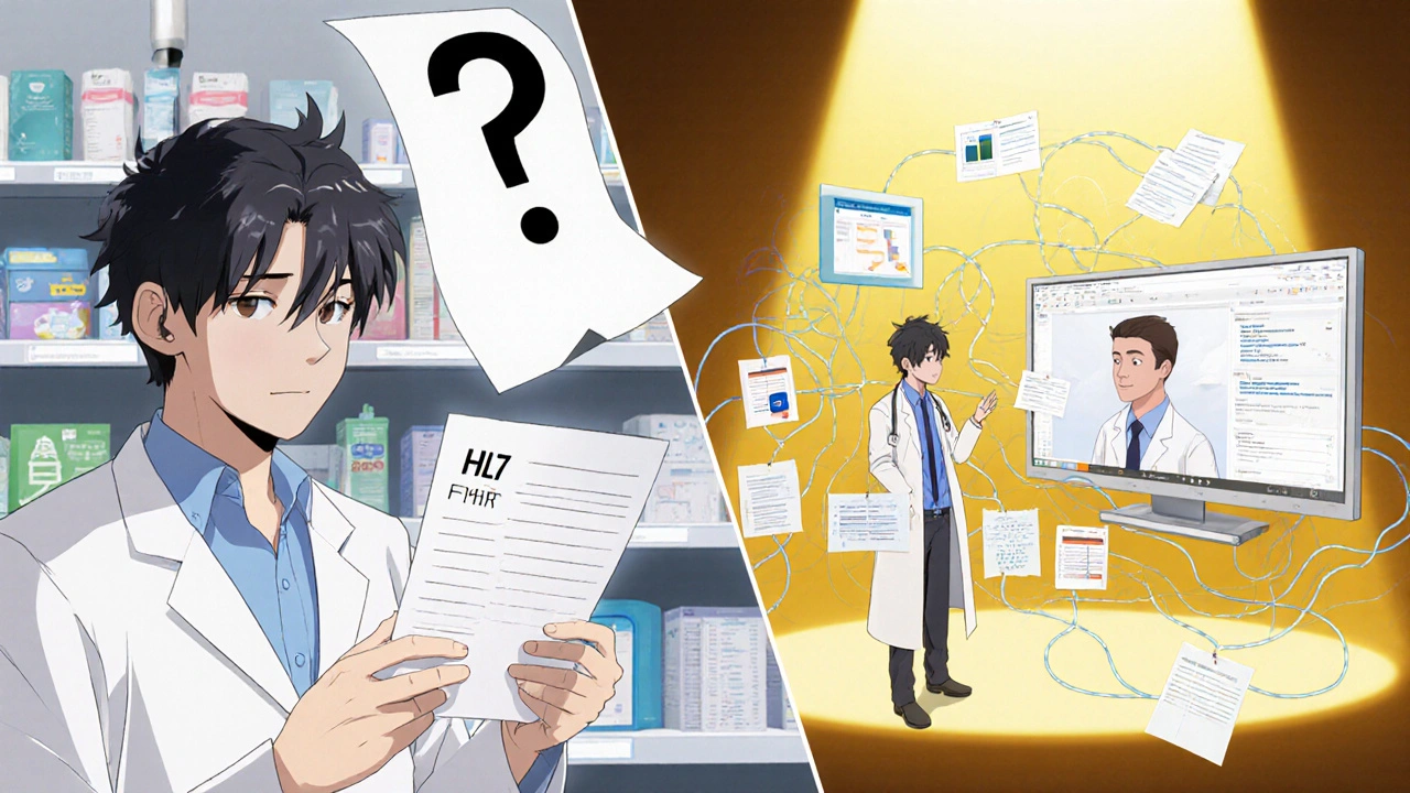 Split scene: pharmacist struggling with paper script vs. connected to full patient health data.