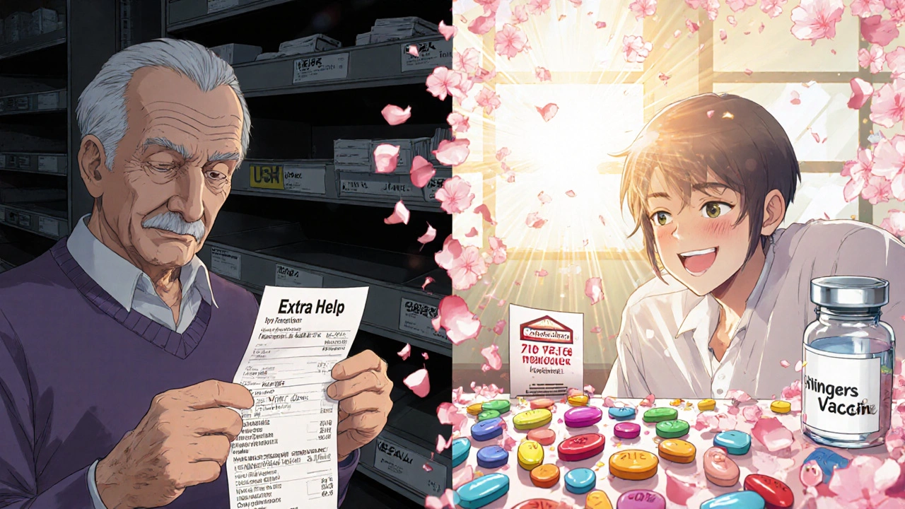 Split scene: senior facing high drug costs on left, then smiling with low copay and vaccine light on right.