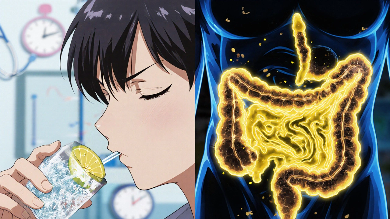 Split-screen of person drinking laxative and glowing colon flushing out dark residue.