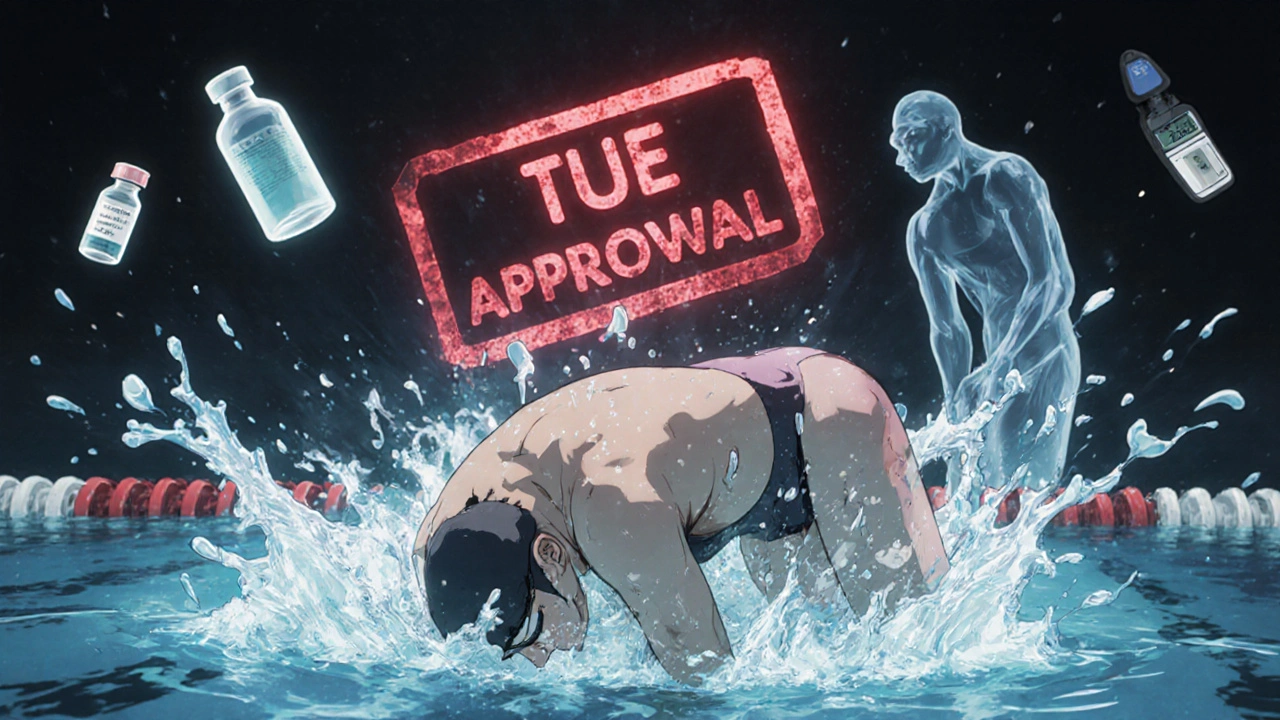 Swimmer collapsing in pool, ghostly insulin bottles above, TUE stamp fading in background.