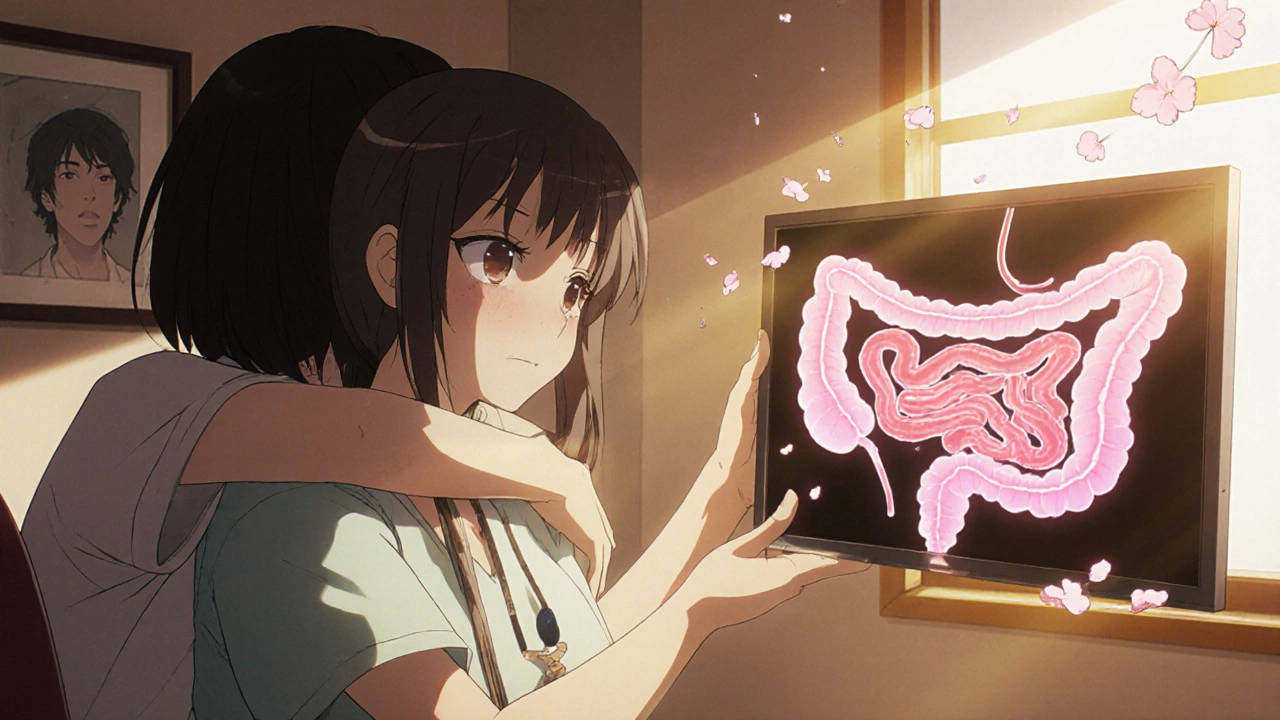 Woman hugging partner as doctor shows clean colon image, golden light and cherry blossoms in background.