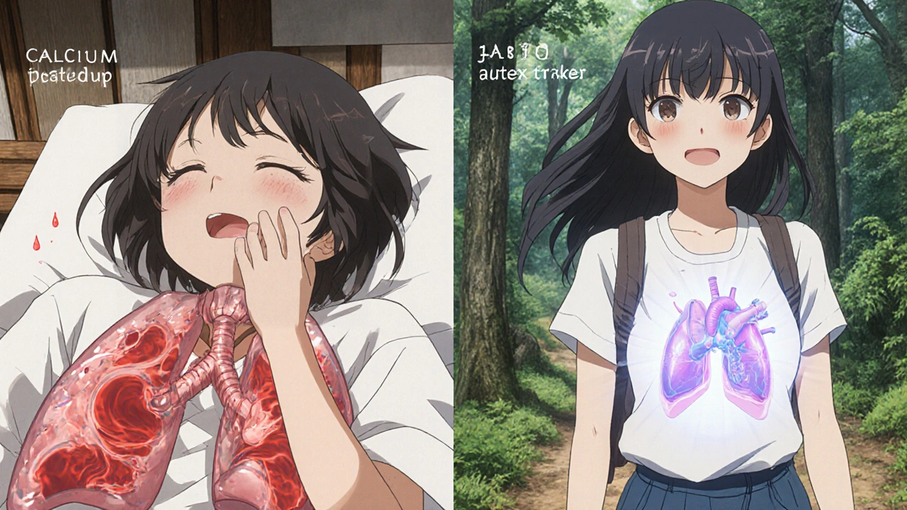 Woman struggling to breathe vs. same woman hiking happily after valve treatment