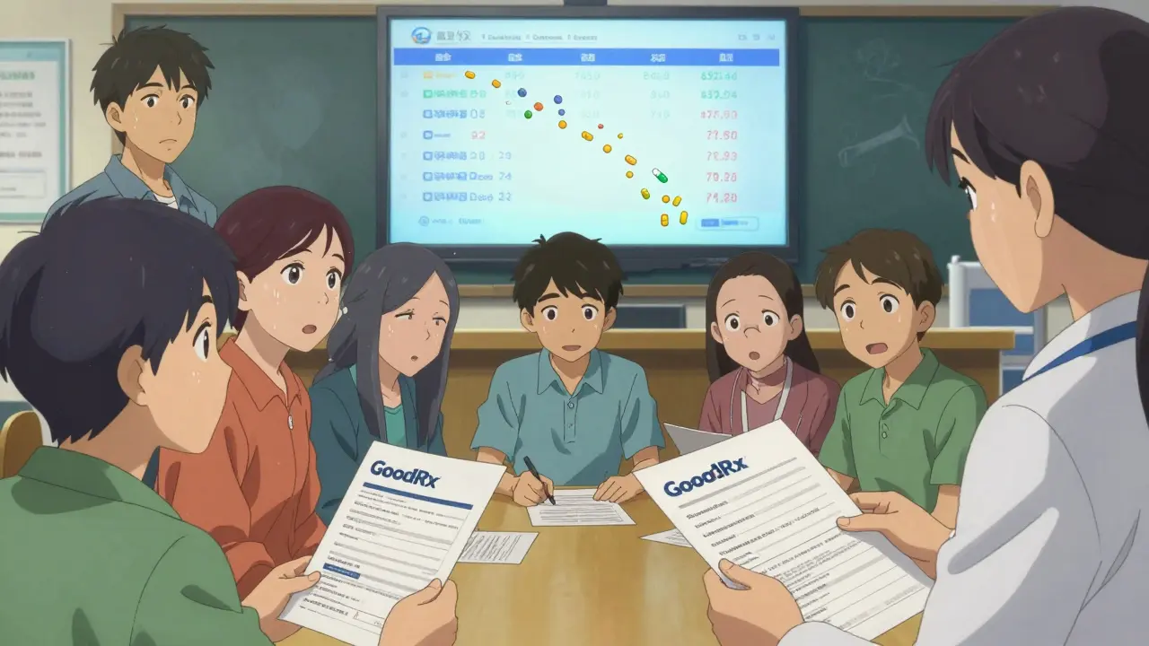 A diverse group receiving help at a community center, holding GoodRx papers and signing forms for medication assistance.