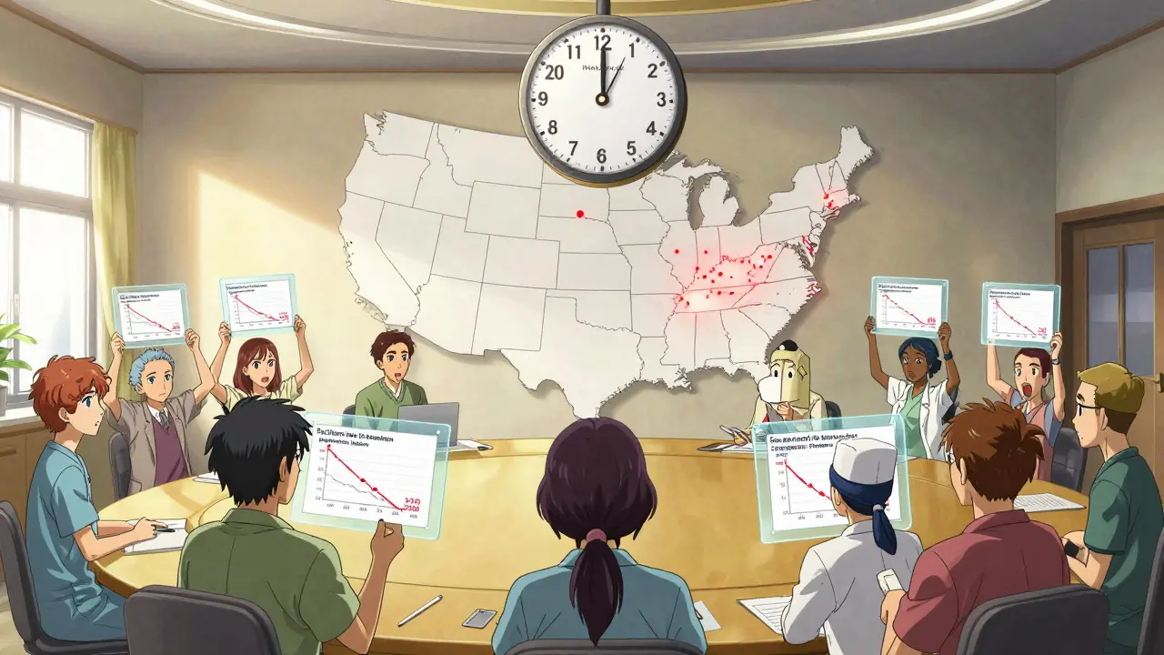 A diverse team in a meeting room watching a 24-month countdown clock over a U.S. map marked with expiring drug patents.