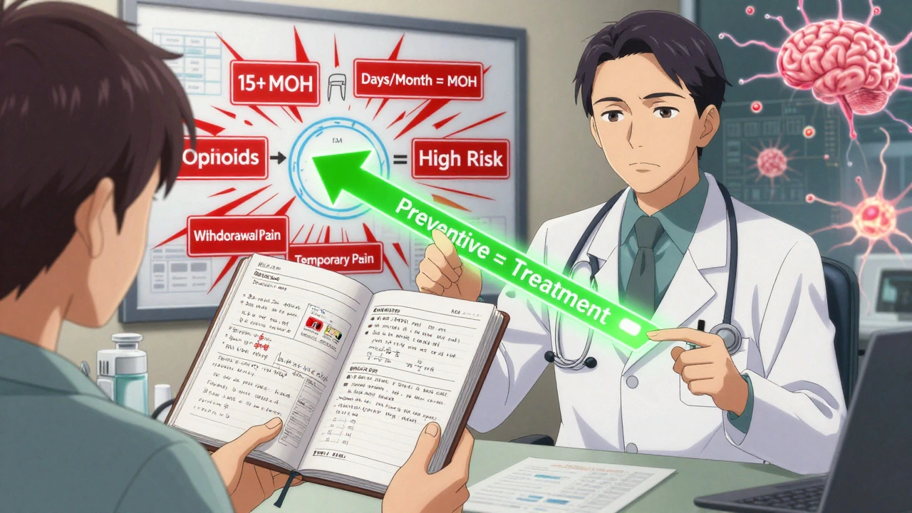 A doctor and patient reviewing a headache diary, with a medical flowchart showing warning signs and treatment paths.