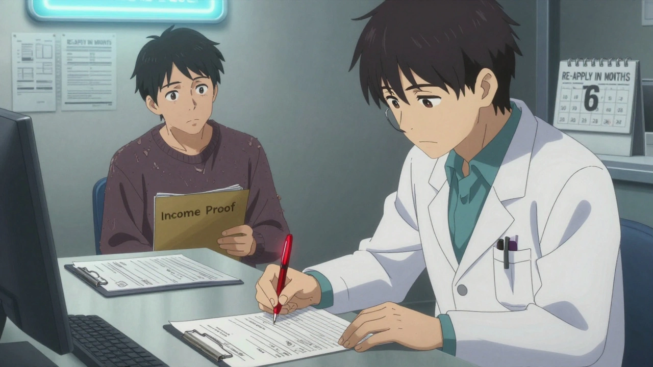 A doctor signing a form while a patient waits anxiously in a clinic, with reapplication reminders visible.