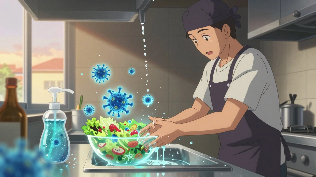 A food handler washing hands while invisible hepatitis A particles hover near a salad, bleach spray cleaning surfaces.