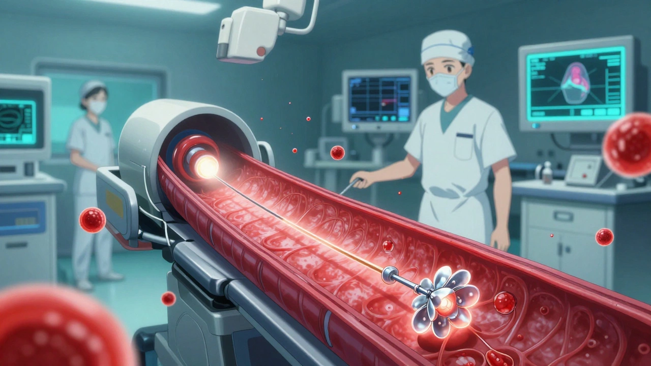 A glowing coronary artery with a stent opening inside, surrounded by floating blood particles in a high-tech lab.