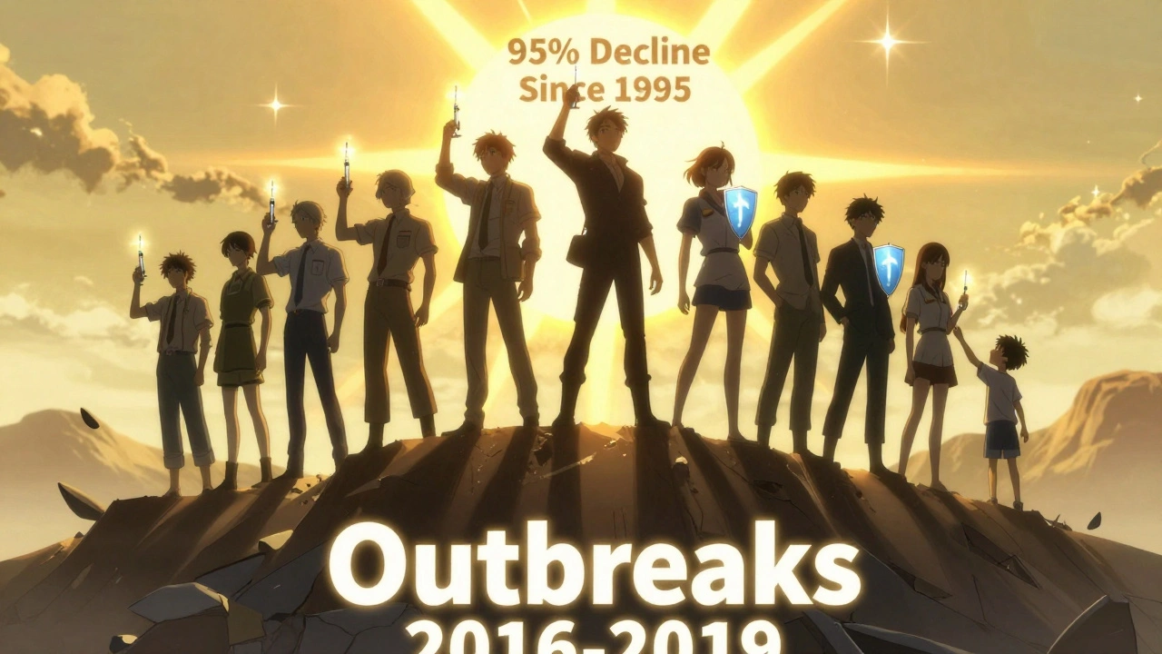 A group holding vaccine syringes as shields, standing atop a mountain of declining outbreaks as sunlight rises behind them.