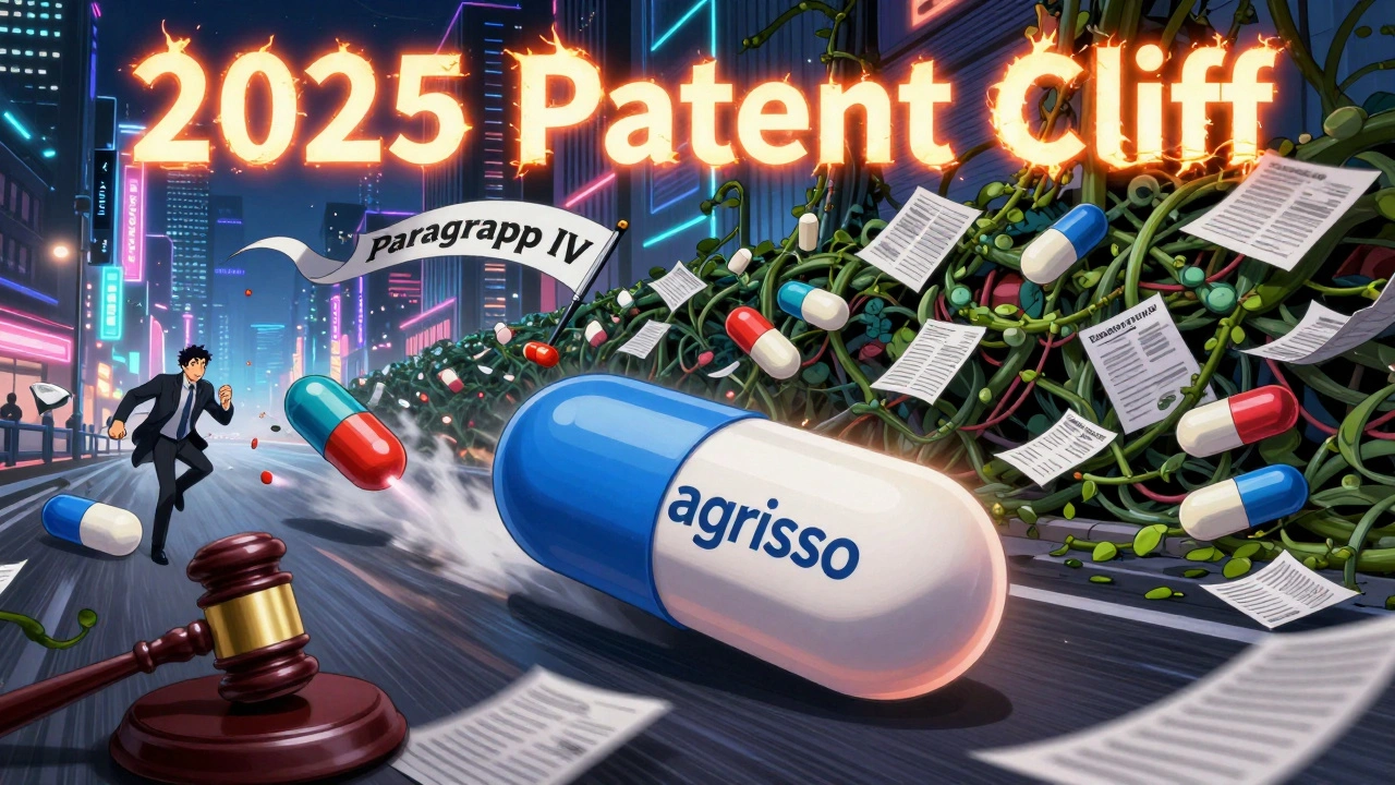 A high-speed chase between branded and generic drugs through a neon city, with patent vines blocking the path.