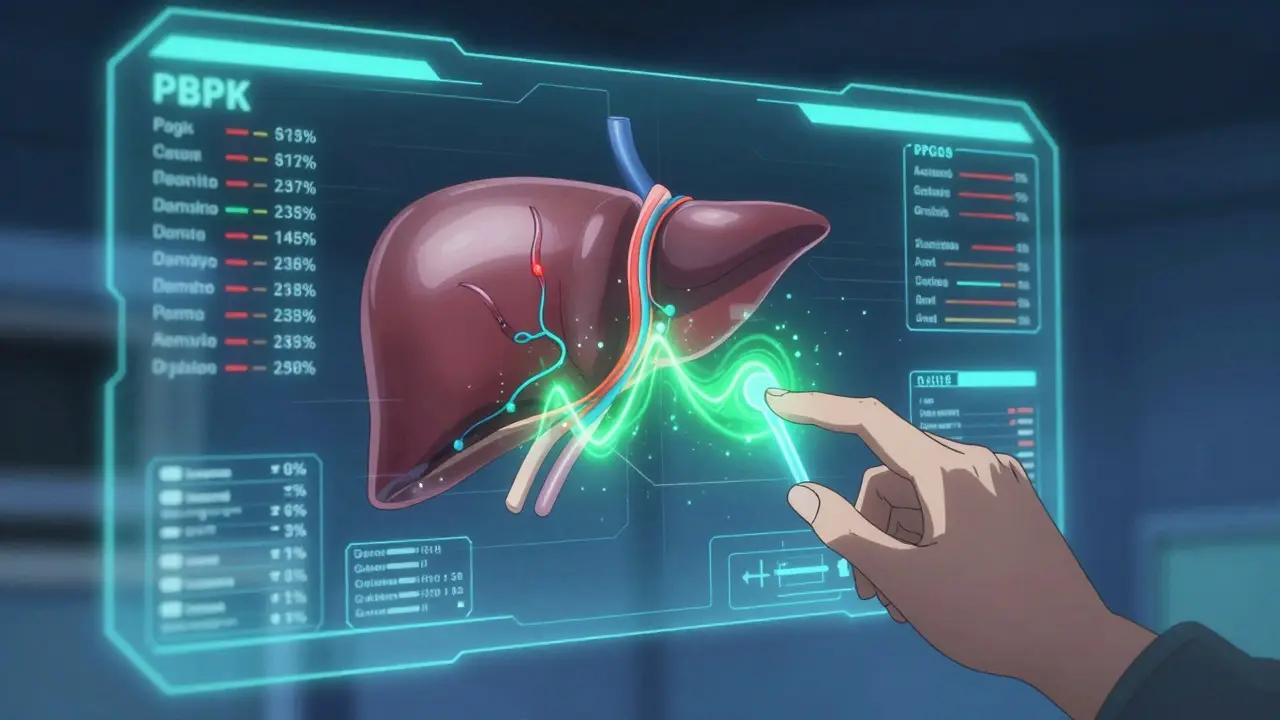 A holographic liver model with real-time drug metabolism data, showing personalized dosing adjustments in progress.