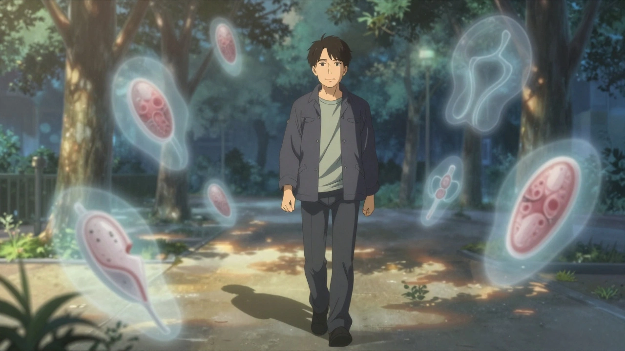 A man walking at dawn, surrounded by ghostly images of clogged arteries as warnings.