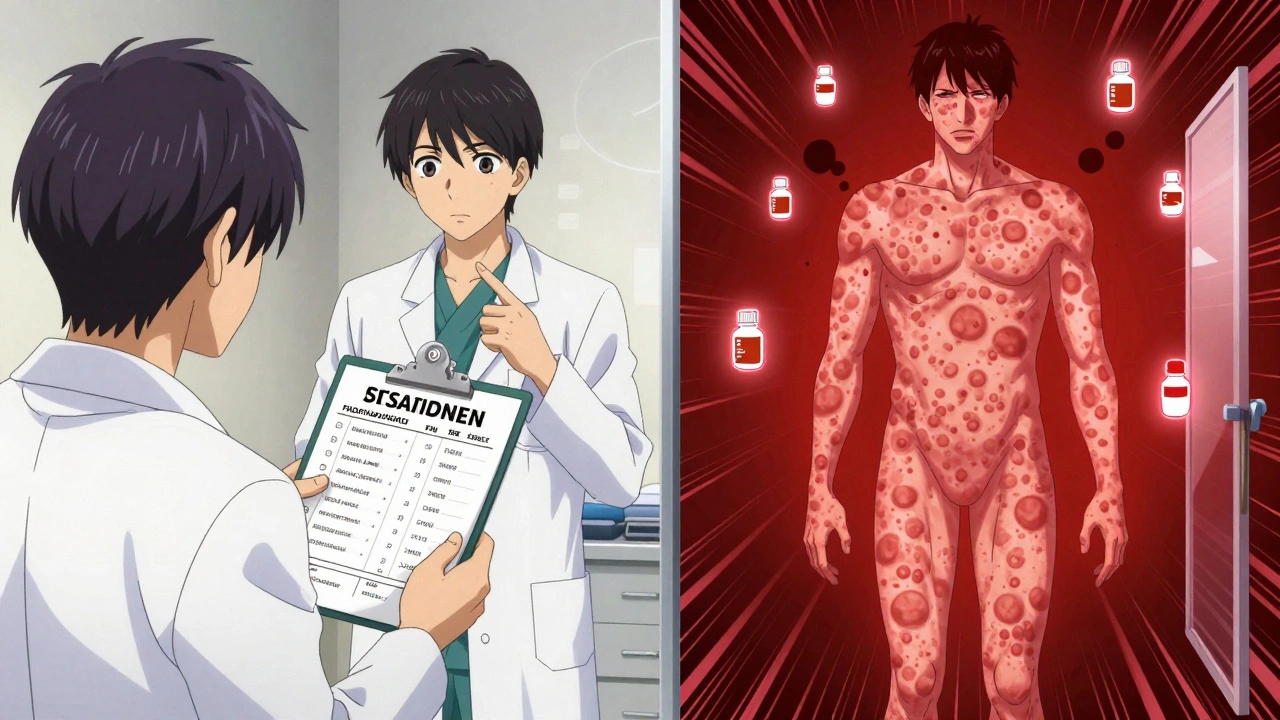 A patient in a clinic comparing medication list with a dermatologist, their mirror reflection showing full-body psoriasis flares.