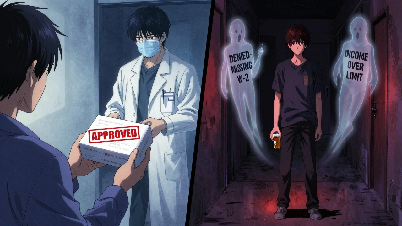 A patient receiving medication on one side, and an empty pill bottle with denied forms floating beside them on the other.