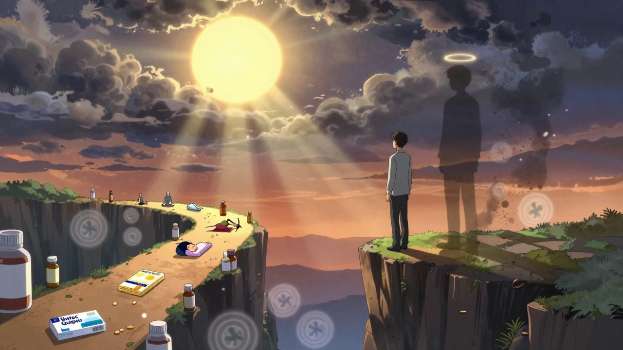 A person standing on a cliff, leaving behind pill-filled darkness as golden light leads to healthy habits and recovery.