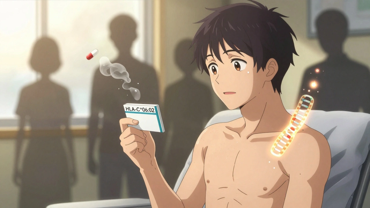 A person with clear skin holding a new blood pressure prescription, glowing gene strand above them as beta-blocker pills fade away.