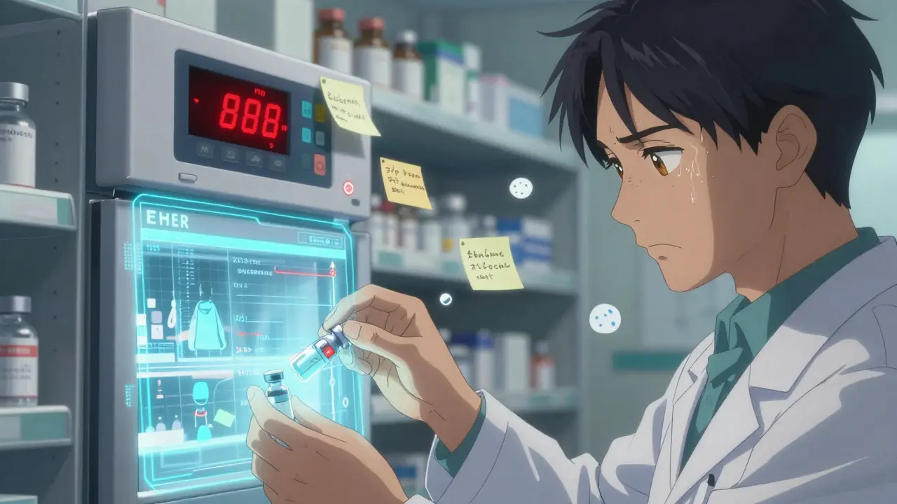 A pharmacist monitors vaccine storage with a temperature alert glowing on a digital screen.