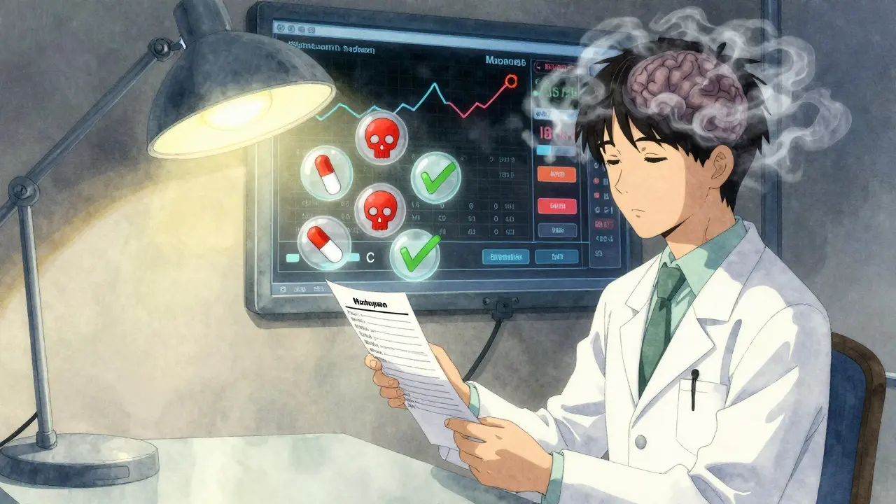 A pharmacist reviewing medications with warning icons for high-risk drugs, while a patient shows signs of brain fog.