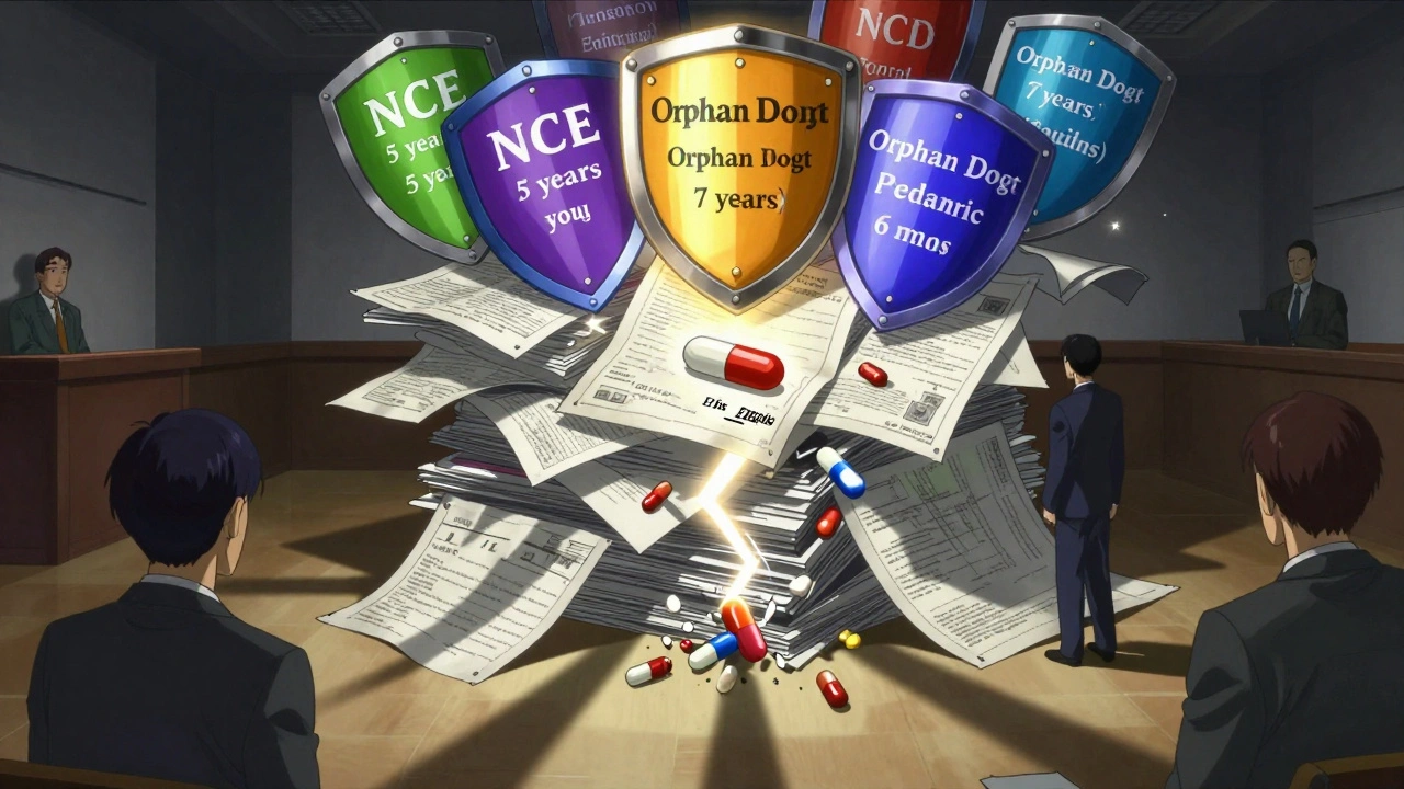 A pill protected by stacked regulatory shields while generic versions rise beneath it, each shield labeled with exclusivity types.