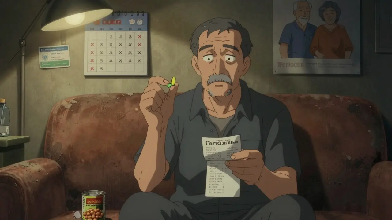 An elderly man holding split pills and a grocery receipt, sitting on a couch with skipped medication days marked on a calendar.