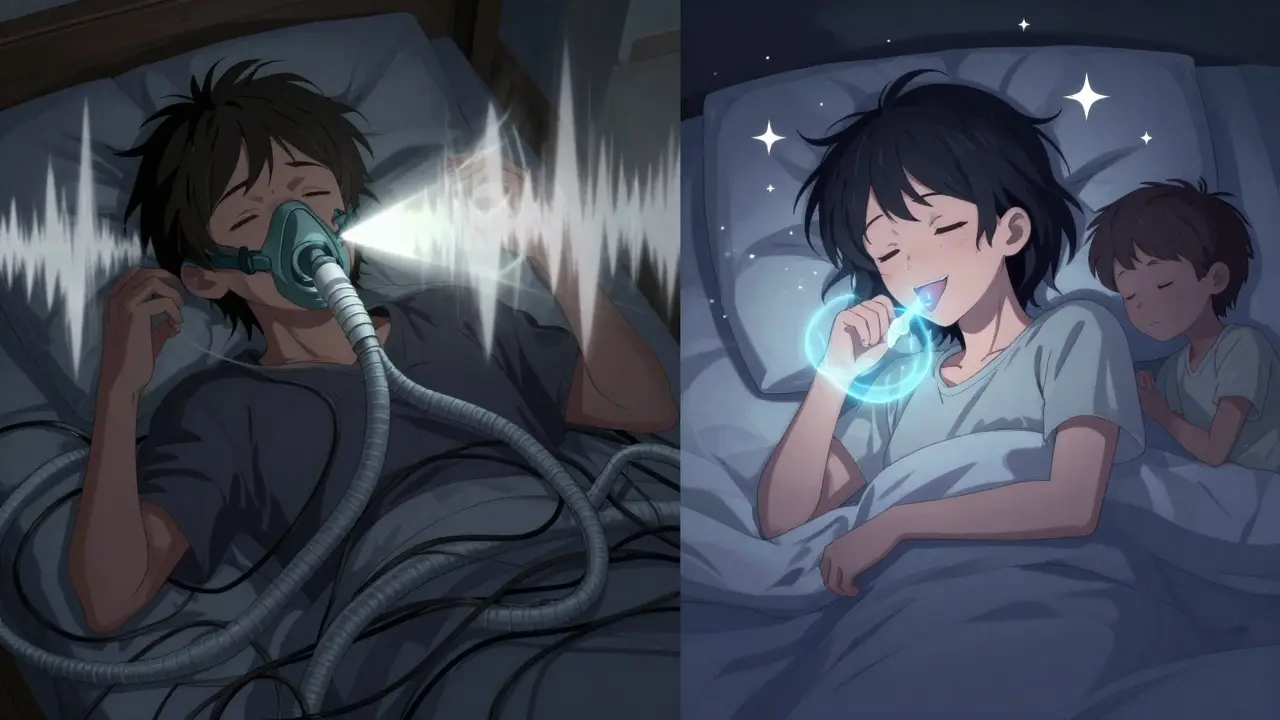 Before-and-after: tangled CPAP vs. silent, mask-free sleep with a glowing airway support effect.