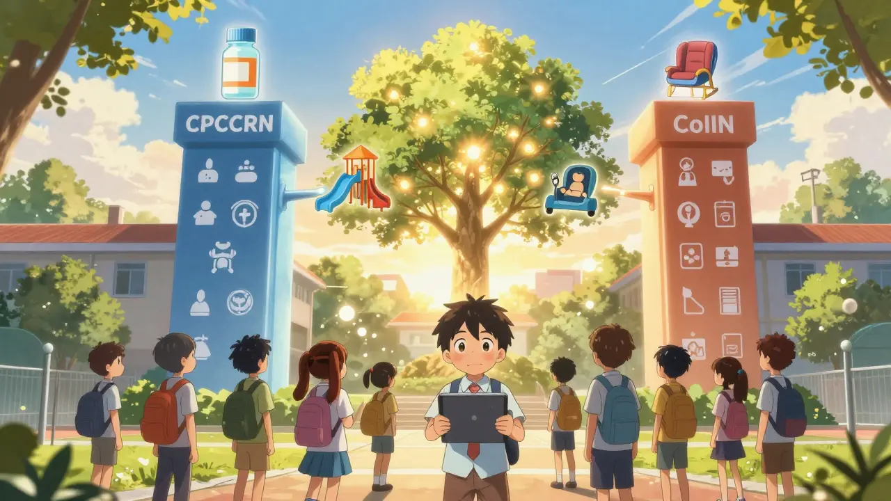 Children in schoolyard connected by floating icons to CPCCRN and CoIIN safety networks under sunrise light.