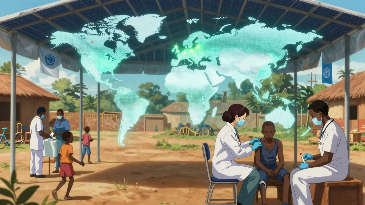 Community health workers giving HIV injections in a rural clinic, with a holographic global map showing progress and hope.