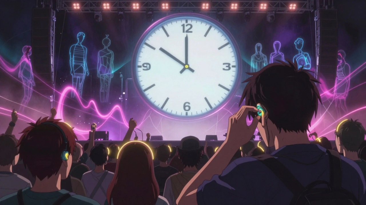 Concert crowd wearing glowing earplugs under neon lights, with countdown clock above showing safe exposure time left.